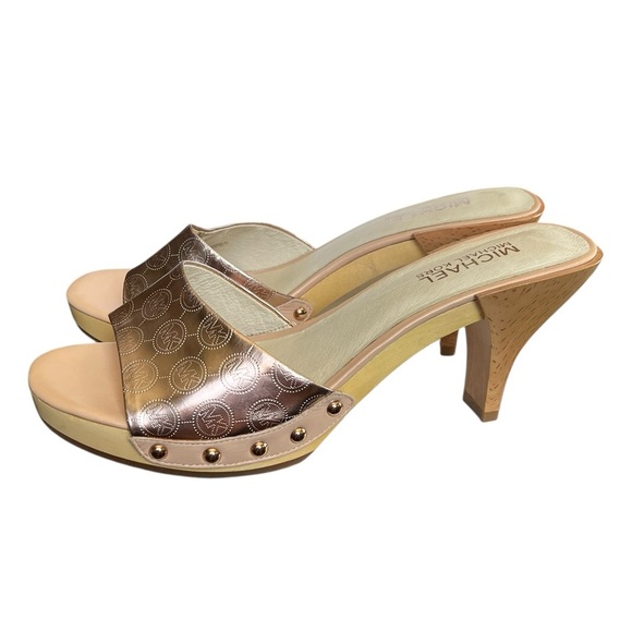 Michael Kors Shoes - NWOT Michael Kors 8.5 Rose Gold Open Peep Toe Wood High Heel Sandals